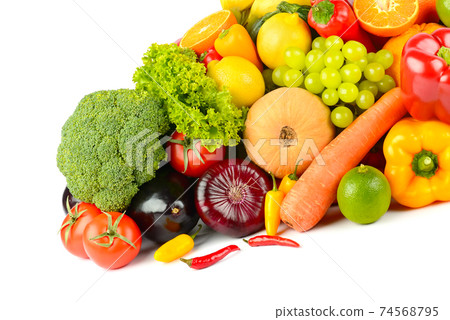 Big collection wholesome fruits and vegetables isolated on white 74568795