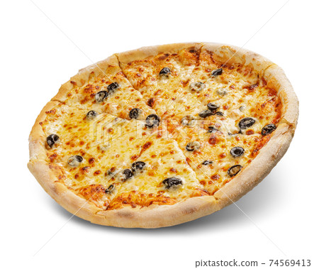 Pizza with cheese and tomato sauce isolated on white background. olive topping. 74569413