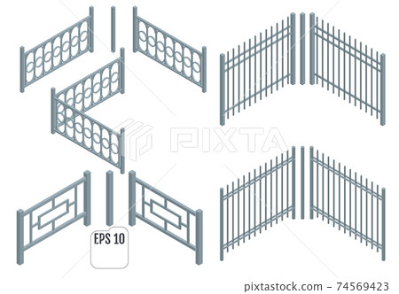 Isometric Metal fence sections. Vector 74569423