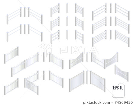 Isometric white fence sections. Vector Isometric white fence sections. Vector 74569430