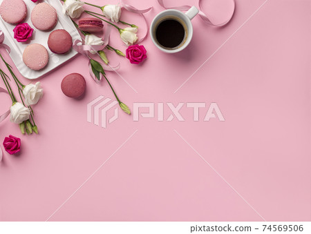 international women's day concept created from white and pink roses, ribbon and pearls on a blank clear pink background international women's day concept created from white and pink roses, ribbon and pearls on a blank clear pink background 74569506