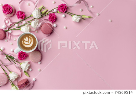 international women's day concept created from white and pink roses, ribbon and pearls on a blank clear pink background international women's day concept created from white and pink roses, ribbon and pearls on a blank clear pink background 74569514