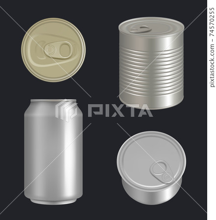 Metallic cans. Aluminium or steel beverages packages for drinks and food fish tuna decent vector realistic template 74570255