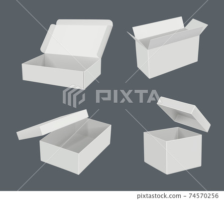 Open realistic boxes. Packages templates cardboard empty containers decent vector blank mockup Open realistic boxes. Packages templates cardboard empty containers decent vector blank mockup 74570256
