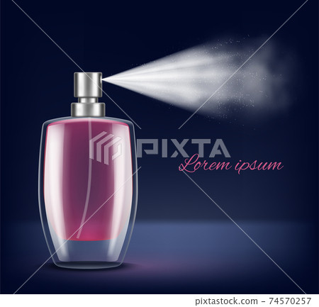 Cosmetic spray. Beauty vapor steam from bottle decent vector realistic illustrations 74570257