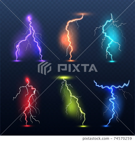 Realistic bolt. Electricity colored symbols danger glowing light electric lamp decent vector set 74570259