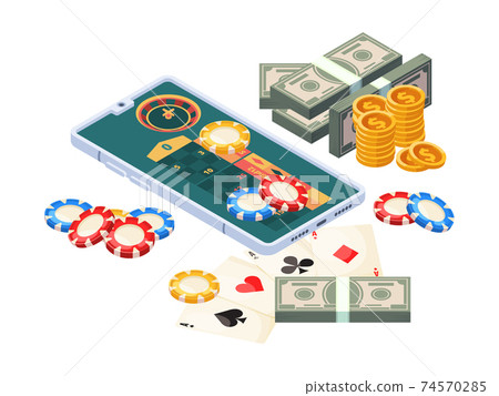 Online casino. Isometric concept mobile digital gambling money for winners smartphones garish vector illustrations Online casino. Isometric concept mobile digital gambling money for winners smartphones garish vector illustrations 74570285
