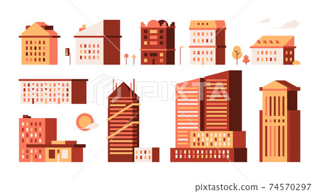 Flat houses. Simple urban buildings minimalism style garish vector illustrations town houses home constructions Flat houses. Simple urban buildings minimalism style garish vector illustrations town houses home constructions 74570297