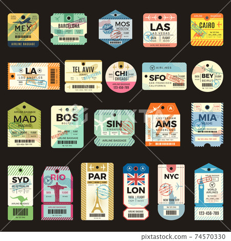Retro travel tickets. Vintage tags for flight plane luggage ticket recent vector collection set Retro travel tickets. Vintage tags for flight plane luggage ticket recent vector collection set 74570330