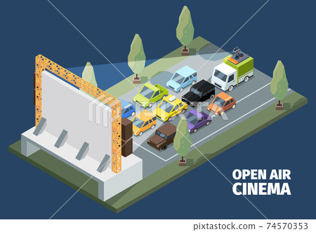 Outdoor cinema. Isometric open space park people watching movies from self cars vector 74570353