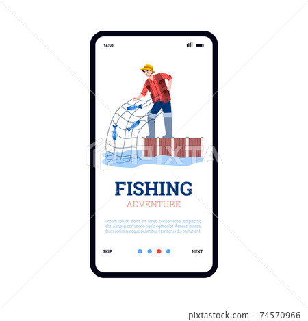 Vector mobile phone screen with app for adventure for fishers in fishing season. 74570966