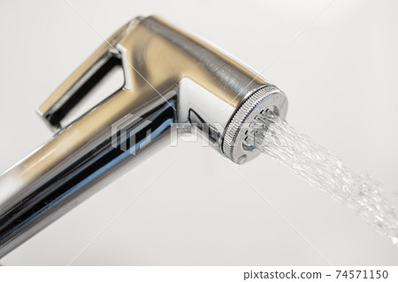 A chrome bidet shower spraying water, close up. 74571150