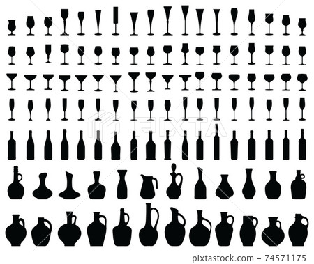 Black silhouettes of glasses, bottles and jugs of wine 74571175