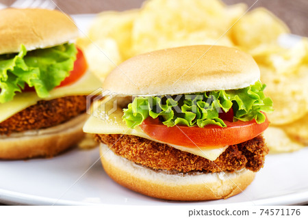 Mini Crispy Chicken Burger with Lettuce Tomato and Cheese. 74571176