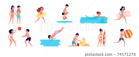 Swimming kids. Cartoon summer children, boy girl playing on beach or pool. Fun sea holidays, isolated happy vacation utter vector characters Swimming kids. Cartoon summer children, boy girl playing on beach or pool. Fun sea holidays, isolated happy vacation utter vector characters 74571278