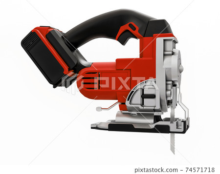 The tool is a red electric jigsaw on a white isolated background. 3d rendering. The tool is a red electric jigsaw on a white isolated background. 3d rendering. 74571718