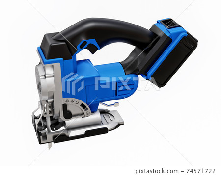 The tool is a blue electric jigsaw on a white isolated background. 3d rendering. The tool is a blue electric jigsaw on a white isolated background. 3d rendering. 74571722