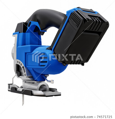 The tool is a blue electric jigsaw on a white isolated background. 3d rendering. The tool is a blue electric jigsaw on a white isolated background. 3d rendering. 74571725