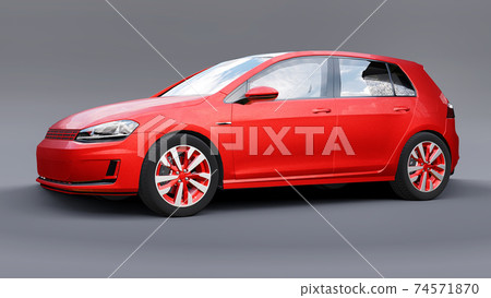 Red small family car hatchback on gray background. 3d rendering. Red small family car hatchback on gray background. 3d rendering. 74571870