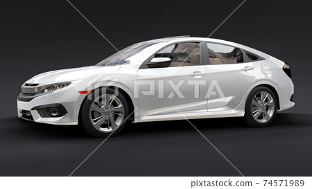 White mid-size urban family sedan on a black uniform background. 3d rendering. White mid-size urban family sedan on a black uniform background. 3d rendering. 74571989