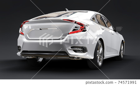 White mid-size urban family sedan on a black uniform background. 3d rendering. White mid-size urban family sedan on a black uniform background. 3d rendering. 74571991