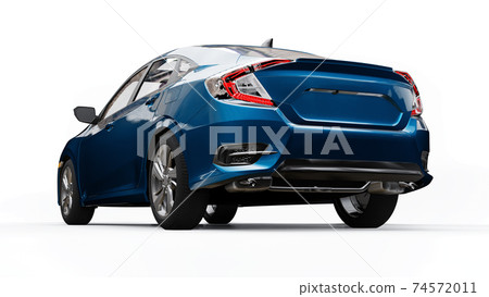 Blue mid-size urban family sedan on a white uniform background. 3d rendering. Blue mid-size urban family sedan on a white uniform background. 3d rendering. 74572011