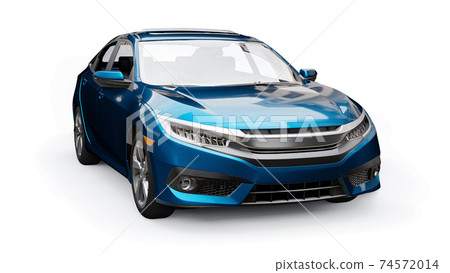Blue mid-size urban family sedan on a white uniform background. 3d rendering. Blue mid-size urban family sedan on a white uniform background. 3d rendering. 74572014
