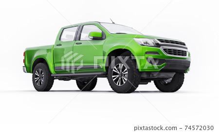 Green pickup car on a white background. 3d rendering. Green pickup car on a white background. 3d rendering. 74572030