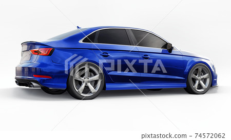 Super fast sports car color blue metallic on a white background. Body shape sedan. Tuning is a version of an ordinary family car. 3d rendering. Super fast sports car color blue metallic on a white background. Body shape sedan. Tuning is a version of an ordinary family car. 3d rendering. 74572062