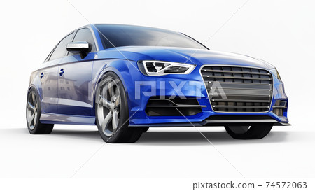 Super fast sports car color blue metallic on a white background. Body shape sedan. Tuning is a version of an ordinary family car. 3d rendering. 74572063