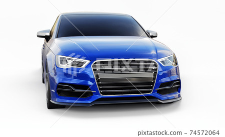 Super fast sports car color blue metallic on a white background. Body shape sedan. Tuning is a version of an ordinary family car. 3d rendering. Super fast sports car color blue metallic on a white background. Body shape sedan. Tuning is a version of an ordinary family car. 3d rendering. 74572064