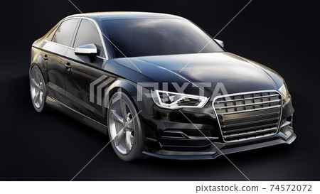 Super fast sports car color black metallic on a black background. Body shape sedan. Tuning is a version of an ordinary family car. 3d rendering. Super fast sports car color black metallic on a black background. Body shape sedan. Tuning is a version of an ordinary family car. 3d rendering. 74572072