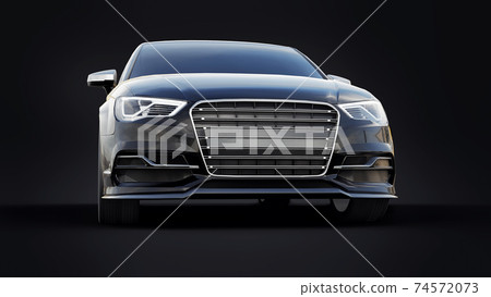 Super fast sports car color black metallic on a black background. Body shape sedan. Tuning is a version of an ordinary family car. 3d rendering. Super fast sports car color black metallic on a black background. Body shape sedan. Tuning is a version of an ordinary family car. 3d rendering. 74572073