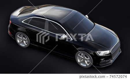 Super fast sports car color black metallic on a black background. Body shape sedan. Tuning is a version of an ordinary family car. 3d rendering. Super fast sports car color black metallic on a black background. Body shape sedan. Tuning is a version of an ordinary family car. 3d rendering. 74572074