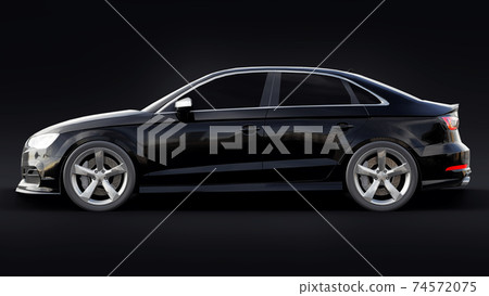Super fast sports car color black metallic on a black background. Body shape sedan. Tuning is a version of an ordinary family car. 3d rendering. Super fast sports car color black metallic on a black background. Body shape sedan. Tuning is a version of an ordinary family car. 3d rendering. 74572075