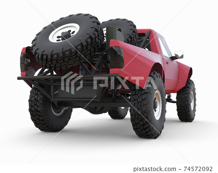 Most prepared red sports race truck for the desert terrain. 74572092