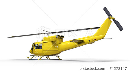 Yellow small military transport helicopter on white isolated background. The helicopter rescue service. Air taxi. Helicopter for police, fire, ambulance and rescue service. 3d illustration. 74572147