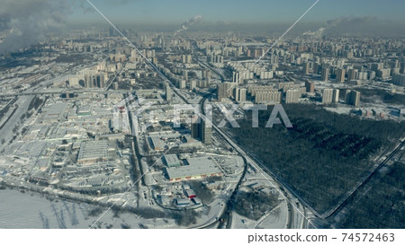 Aerial shot of Moscow in winter, Russia. Michurinsky avenue Aerial shot of Moscow in winter, Russia. Michurinsky avenue 74572463