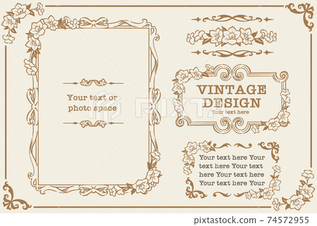 向量組的古董花卉裝飾框架，裝飾線條和裝飾品。用於相框等 74572955