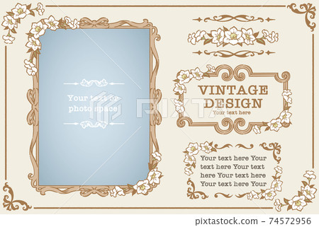向量組的古董花卉裝飾框架，裝飾線條和裝飾品。用於相框等 74572956