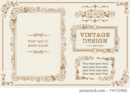 向量組的古董花卉裝飾框架，裝飾線條和裝飾品。用於相框等 74572968