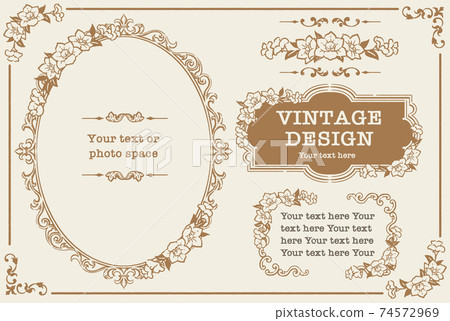 向量組的古董花卉裝飾框架，裝飾線條和裝飾品。用於相框等 74572969