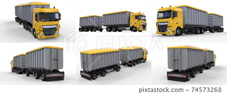 Set large yellow truck with separate trailer, for transportation of agricultural and building bulk materials and products. 3d rendering. 74573268