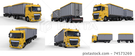 Set large yellow truck with separate trailer, for transportation of agricultural and building bulk materials and products. 3d rendering. 74573269