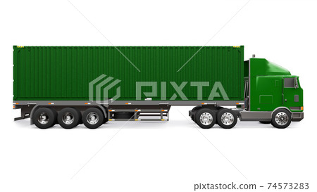 A large retro green truck with a sleeping part and an aerodynamic extension carries a trailer with a sea container. 3d rendering. 74573283
