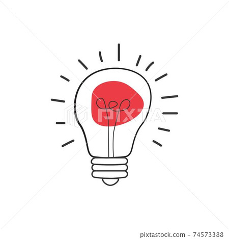 Hand drawn Vector light bulb icon with concept of idea. brainstorm and teamwork. Great idea eureka icon concept. Doodle hand drawn sign. Stock Vector illustration isolated on white background. 74573388