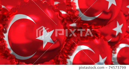 Flag of Turkey on foil balloons. National holiday concept. 3D rendering Flag of Turkey on foil balloons. National holiday concept. 3D rendering 74573799