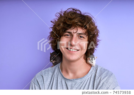 portrait of cheerful man with two small rats near face on shoulders portrait of cheerful man with two small rats near face on shoulders 74573938