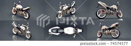 Set white urban sport two-seater motorcycle on a gray background. 3d illustration. 74574577