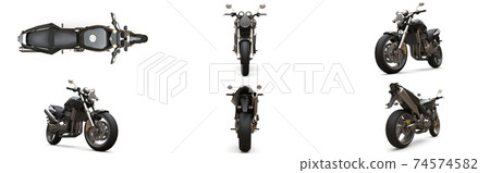 Set black urban sport two-seater motorcycle on a white background. 3d illustration. 74574582